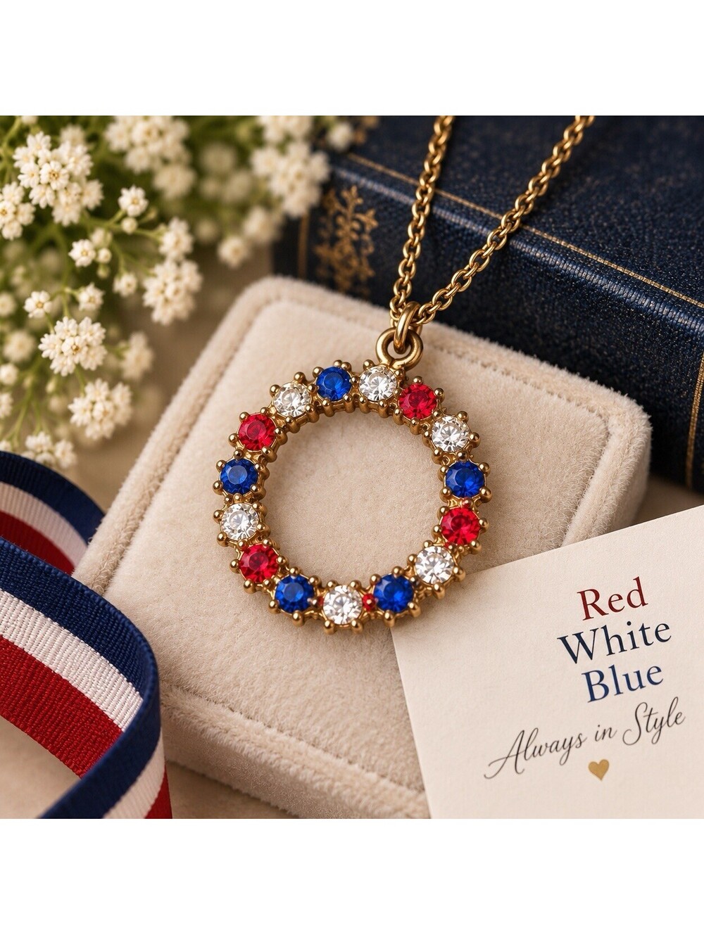 Vintage Red White Blue Rhinestone Wreath Pendant Necklace Gold Tone Patriotic